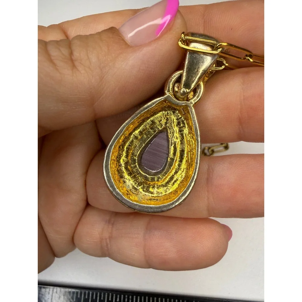 Mixed Metal Purple Cats Eye Teardrop Pendant Necklace Gold Tone Paperclip Chain